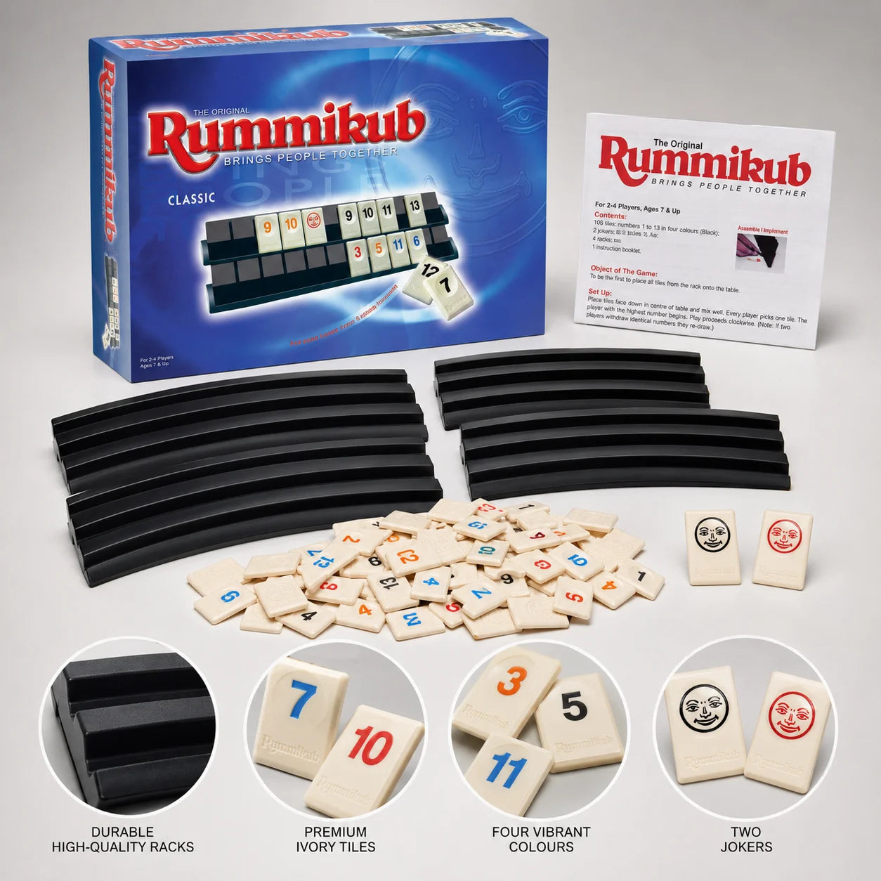 Rummikub Classic Number Tile Strategy Board Game with Black Racks Family Party Kids Adults English Version