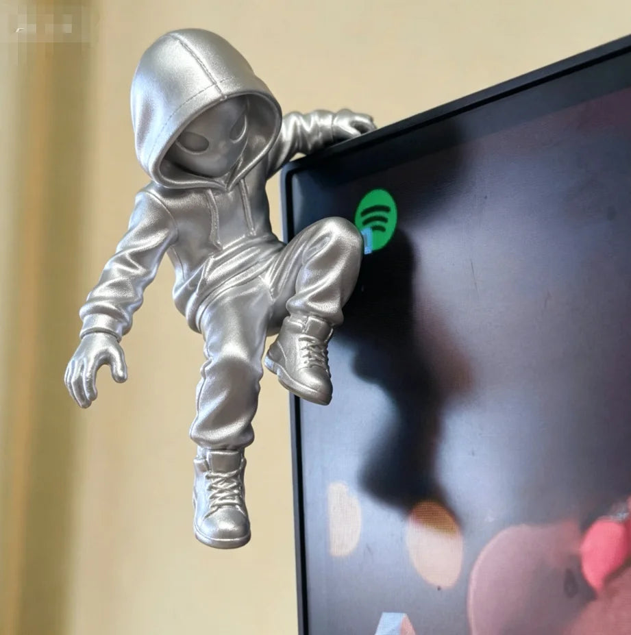 Climb Hoodie Alien Mini Statue 3D Printing Climbing Figure for Monitor Top Decor Weird Novelty Desk Edge Gaming Room Decor Gifts