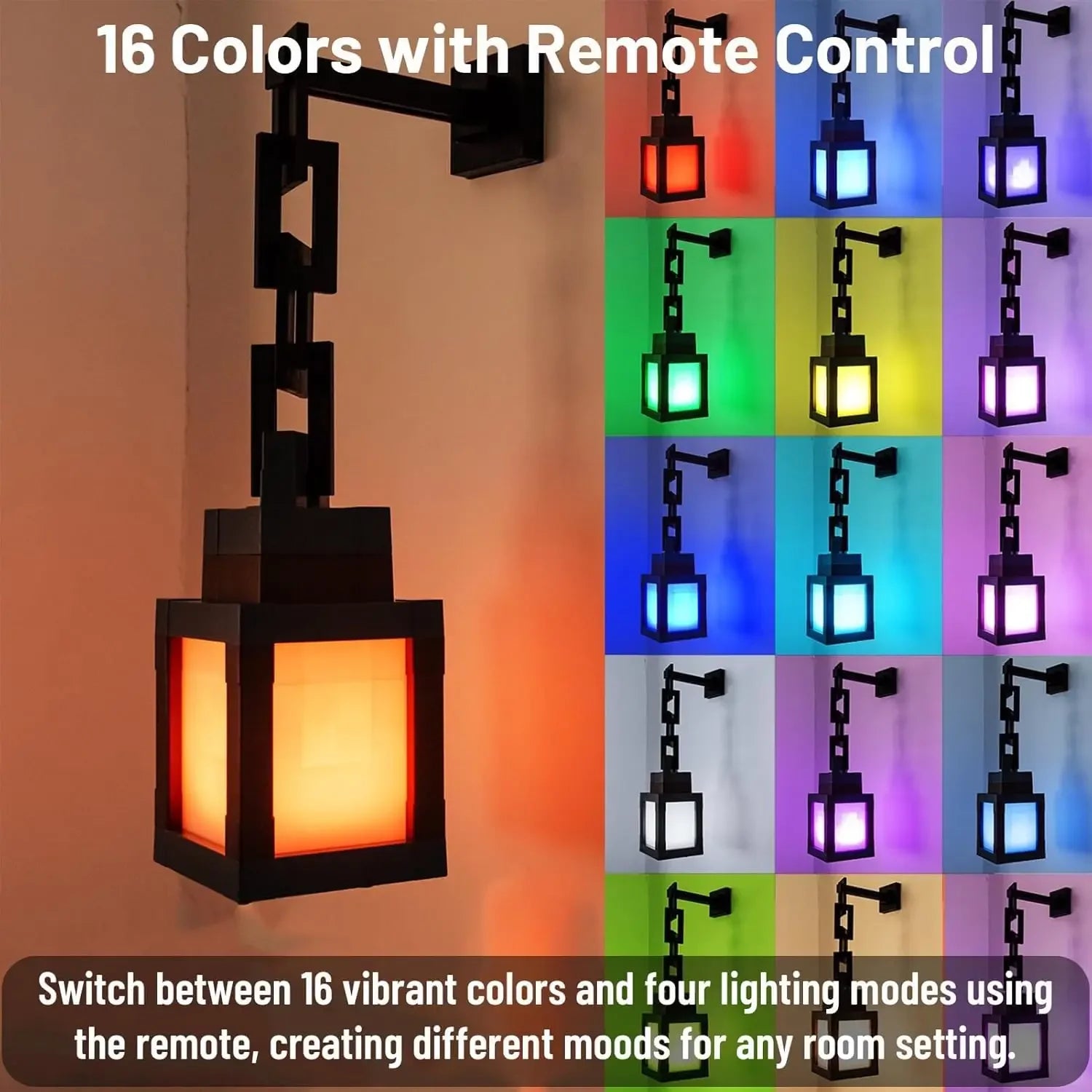 Pixel Lantern Night Light - 16-Color RGB Remote Control, USB Rechargeable Design, Ideal for Bedroom, Game Room Wall or Table Mou